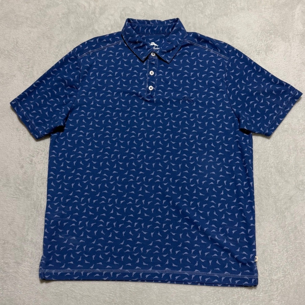 Tommy Bahama Polo Mens Large Blue Fish All Over Print Supima Cotton Short Sleeve - Picture 2 of 10